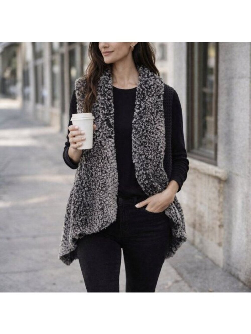 Bagatelle Faux Fur Draped Vest Knit Back Black & Gray Size XL